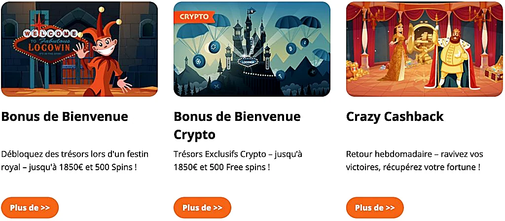 Trois promotions phares de LocoWin Casino : Bonus de Bienvenue 1850 €, Bonus Crypto et Crazy Cashback hebdomadaire