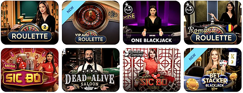 Tables de casino en direct LocoWin : Roulette, VIP Auto Roulette, One Blackjack, Romana Roulette, Mega Sic Bo, Dead or Alive Saloon, Super Sic Bo et Bet Stacker Blackjack
