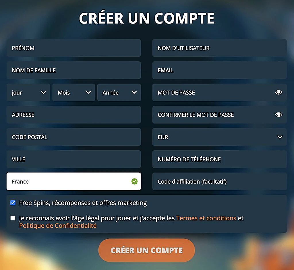 Formulaire de création de compte LocoWin Casino en français : prénom, email, date de naissance, adresse, devise EUR et conditions générales